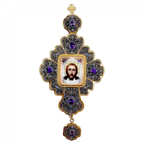 Хрест латунний із фрагментарною позолотою чорнінням та камінням арт. 2.10.0442лфр-2