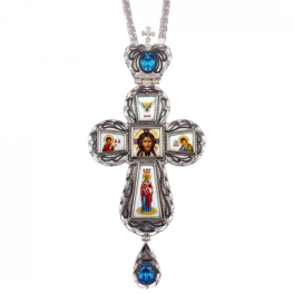 Хрест наперсний для священнослужителя латунний у сріблнні з прикрасами та ланцюгом арт. 2.10.0021л-2^1л
