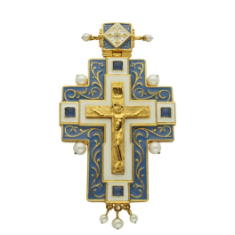 Хрест церковний для священнослужителя латунний позолочений з емаллю та перлинами арт. 2.10.0047лпэ