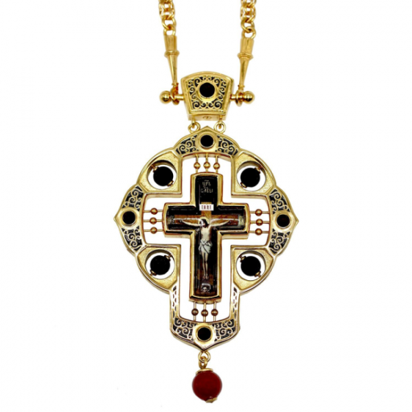 Хрест латунний в позолочені зі вставками, з емаллю, деколью і ланцюгом арт. 2.10.0434лпэ-2^64лп