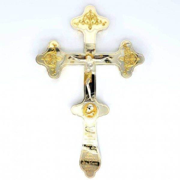 Хрест напрестольний латунний зі вставками, фрагментарною позолотою і оксидованим розп'яттям арт. 2.7.0540л