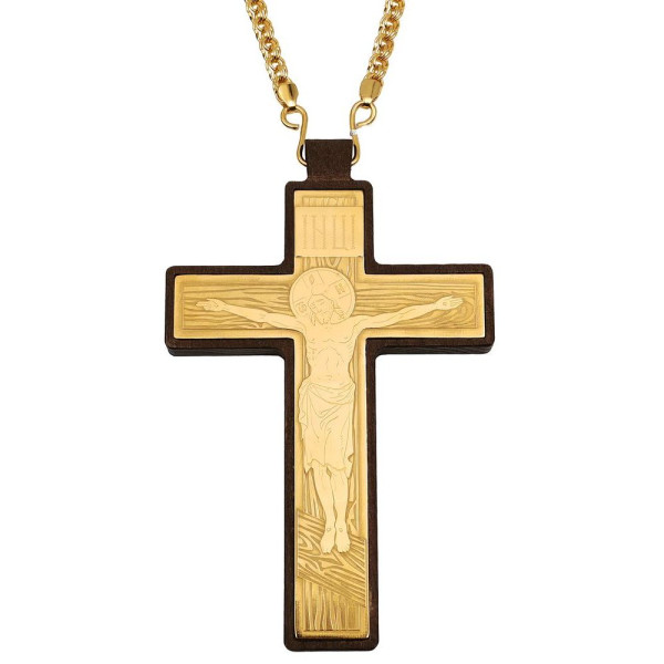 Хрест для священика дерев'яний з вставкою з латуні в позолоті та ланцюгом арт. BJ0704LP+018LP