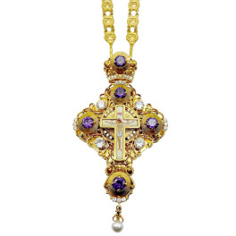 Хрест для священика з латуні в позолоті з фіанітами і ланцюгом арт. BJ0053LP-2+35LP Хрест для священика з латуні в позолоті з фіанітами і ланцюгом арт. BJ0053LP-2+35LP