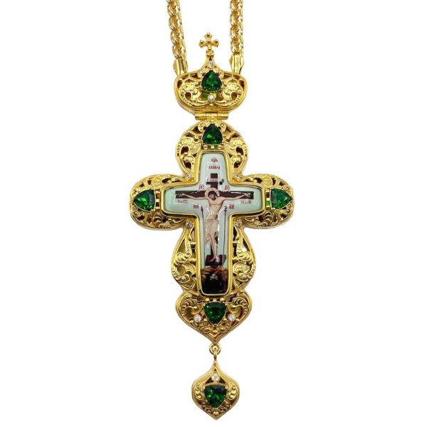 Хрест для священика з латуні в позолоті з каменями і ланцюгом арт. BJ0353LP-2+1LP