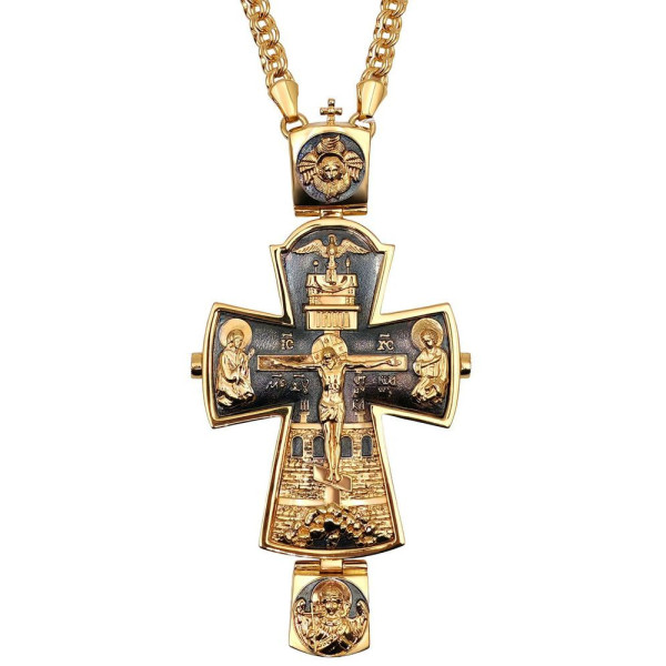 Хрест для священика з латуні в позолоті з литним розп'яттям і ланцюгом арт. BJ0408LPR+1LP