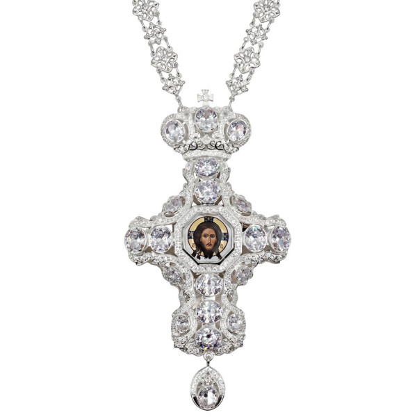 Хрест для священика з латуні в срібленні з прикрасами і ланцюгом арт. BJ0419L-2+48L