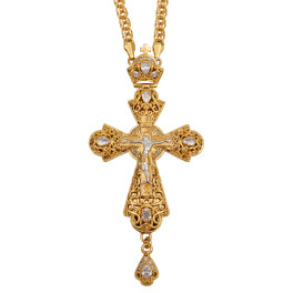 Хрест для священика латунний позолочений з фіанітами з ланцюгом арт. BJ0131LPF+1LP