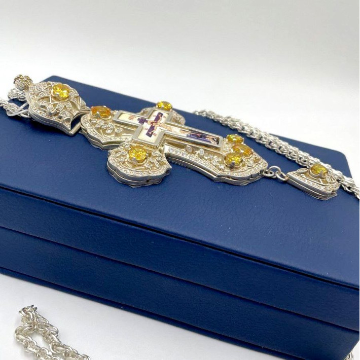 Хрест для священика посріблений з прикрасами і ланцюгом арт. BJ0180L-2+1L