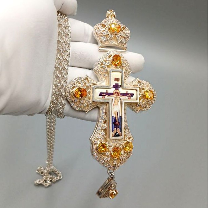 Хрест для священика посріблений з прикрасами і ланцюгом арт. BJ0180L-2+1L