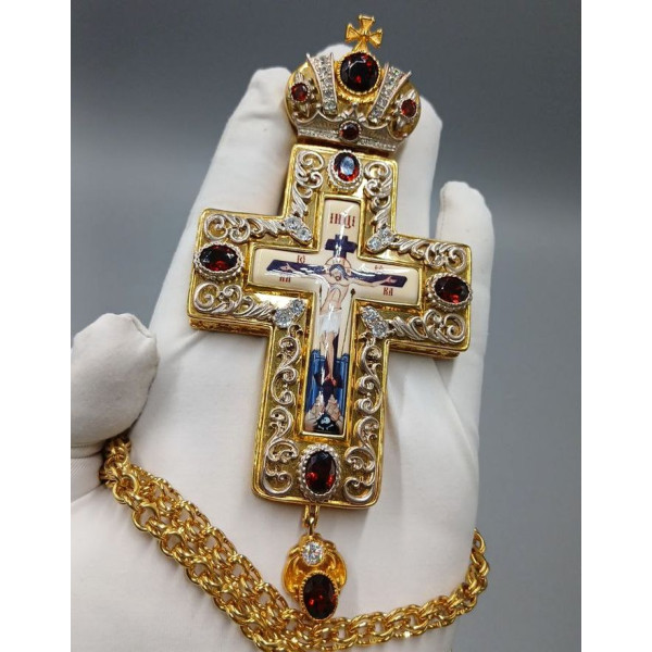 Хрест для священнослужителя латунний позолочений з принтом і ланцюгом арт. BJ0223LP-2+1LP