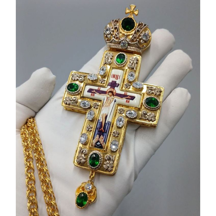 Хрест для священнослужителя латунний позолочений з принтом і ланцюгом арт. BJ0223LP-2+1LP