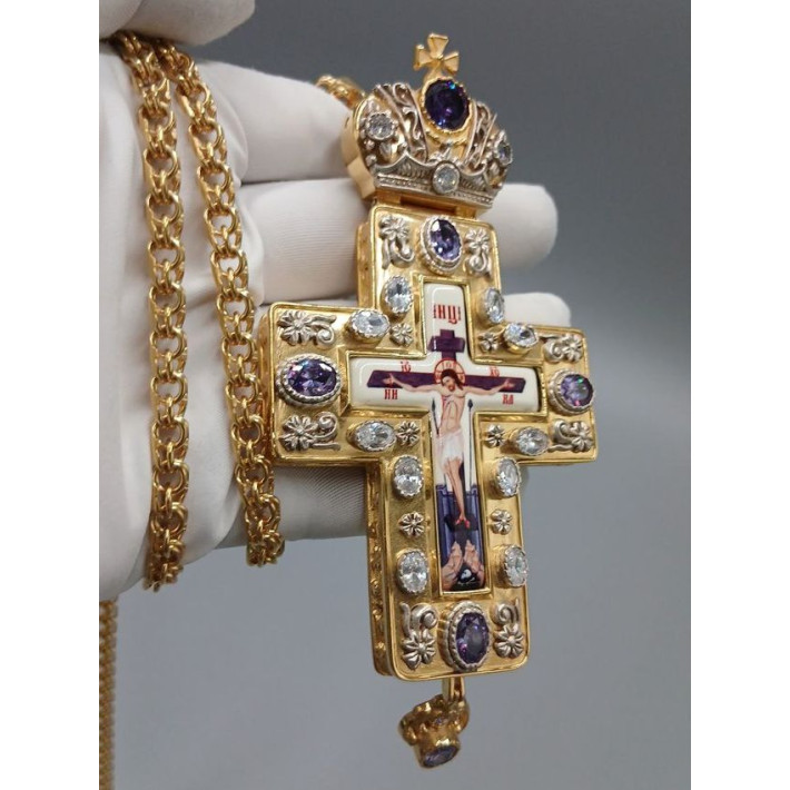 Хрест для священнослужителя латунний позолочений з принтом і ланцюгом арт. BJ0223LP-2+1LP