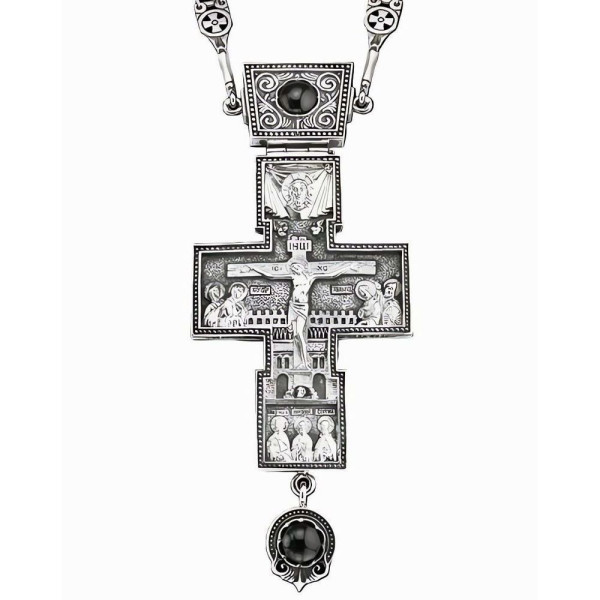 Хрест-мощовик з латуні з чорненням з камінням та ланцюгом арт. BJ0033LR+39LR