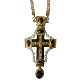 Хрест наперсний з ювелірного сплаву в позолоті з перлинами і ланцюгом арт. 2.10.0406лп^1лп