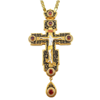Хрест наперсний латунний у позолоті зі вставками фіанітів з емаллю та ланцюгом арт. BJ0085LPFE+1LP Хрест наперсний латунний у позолоті зі вставками фіанітів з емаллю та ланцюгом арт. BJ0085LPFE+1LP