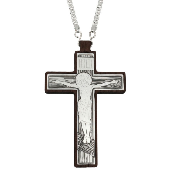 Хрест священика дерев'яний з вставкою з латуні в срібленні з чорненням і ланцюгом арт. BJ0704LR+018L